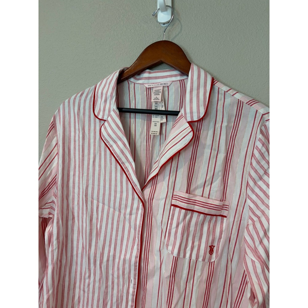 NWT Victorias Secret Pajama Top Pink Striped Shimmer Long Sleeve Button Up M